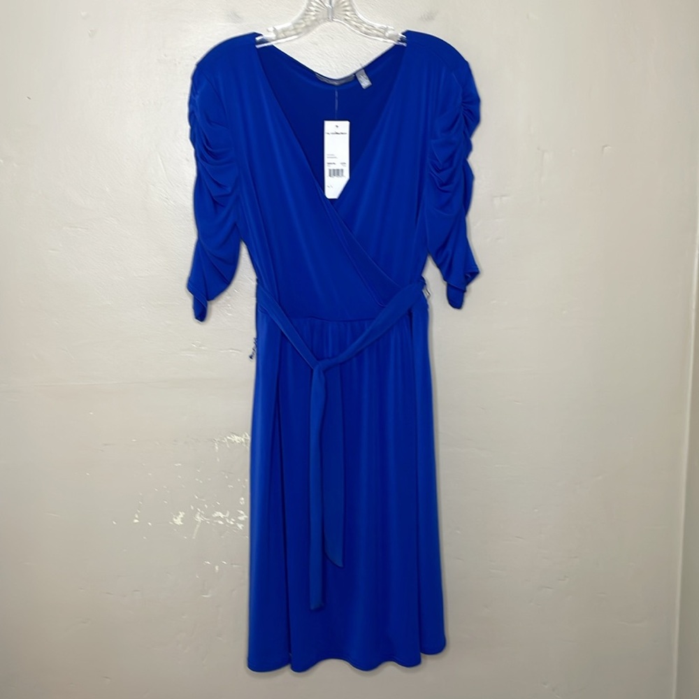 NY COLLECTION Blue Dress Surplice Neckline Belted Gathered 3/4 Sleeves Large